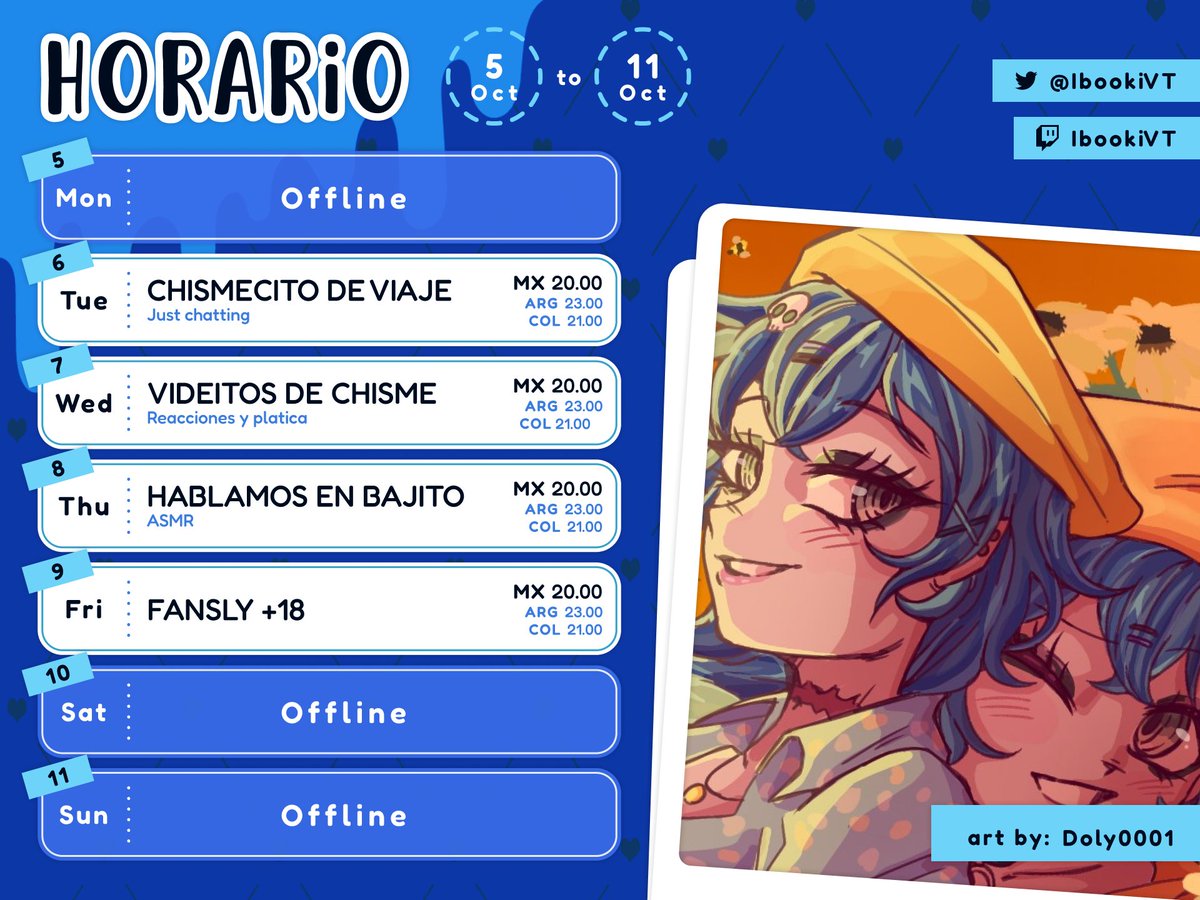 IbookiVT's tweet photo. ♡.・`°★・°💙HORARIO DE LA SEMANA💙°・★°´・.♡

Regresé de viaje y vengo con muchas ganas de estar con ustedes, no quiero que se pierdan nada o(>ω<)o

Agradezco mucho tu LIKE ♡ y RT ↻!
#Vtuber | #VtuberES | #ASMR https://t.co/LrdTYWeI1h
