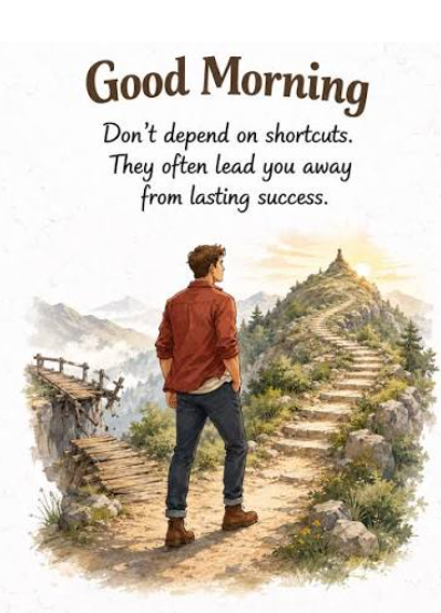 A motivational graphic with the text 'Good Morning - Don't depend on shortcuts. They often lead you away from lasting success.' showing a man standing before a winding mountain path.