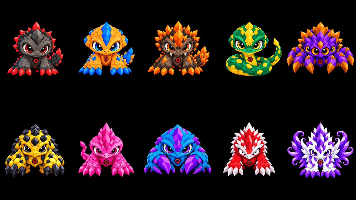 QuaiMonsters's tweet photo. A small design change to add Cel Shading to the Quai Monsters, along with restoring the Q to the chest to represent @QuaiNetwork, was the finishing touch 🔥

These 10 base designs are now signed off and finalised for the project going forward 🫡

#Quai #QuaiMonsters https://t.co/Xbd3sy8VfC