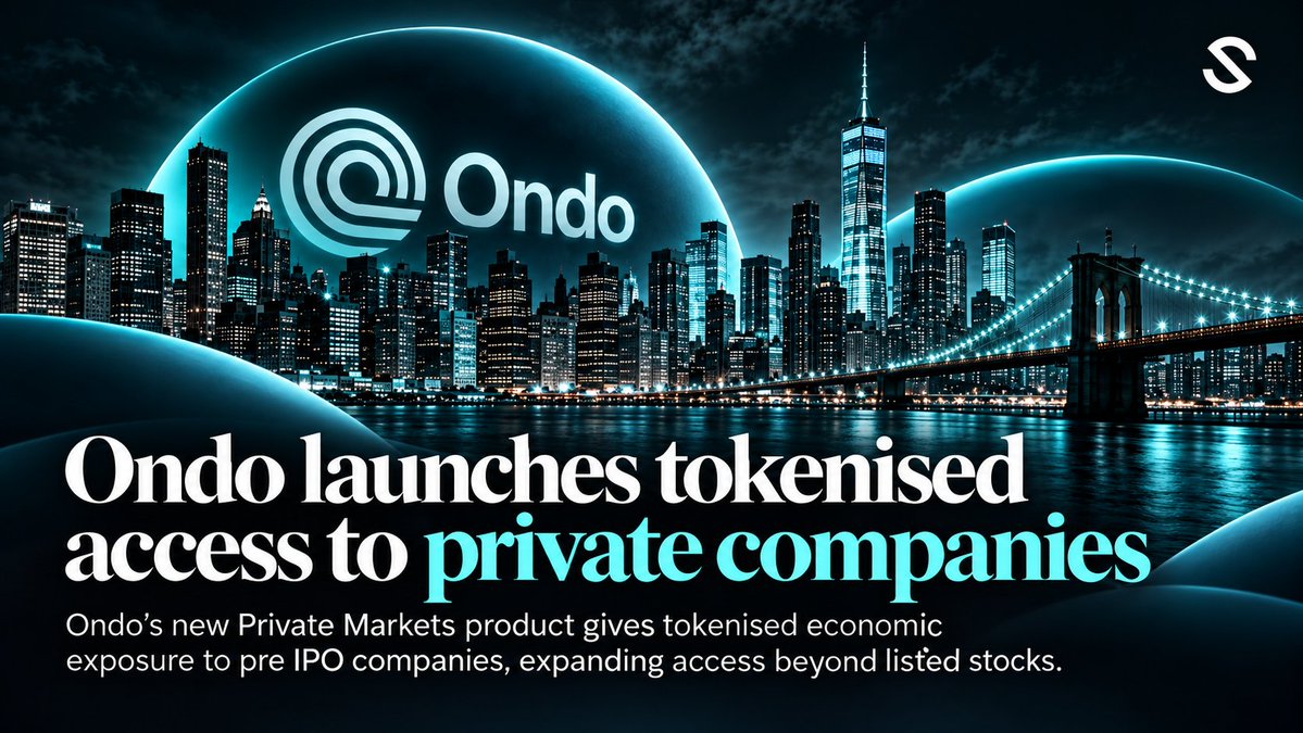 SLICERWA's tweet photo. Ondo is pushing tokenisation further into private markets.

Its new Private Markets offering will give eligible investors tokenised economic exposure to pre IPO companies through onchain notes, rather than direct ownership of the underlying shares.

The product is designed to make traditionally illiquid private market exposure more accessible, transferable and easier to hold onchain, with positions able to be self custodied and traded on secondary markets.

Ondo says it will begin with AI companies before expanding into areas including robotics, biotech, defence, energy, cybersecurity and space.

A significant move as tokenisation continues to expand beyond Treasuries and listed securities into private market assets.

#Tokenisation #RWA #PrivateMarkets #DigitalAssets #Ondo