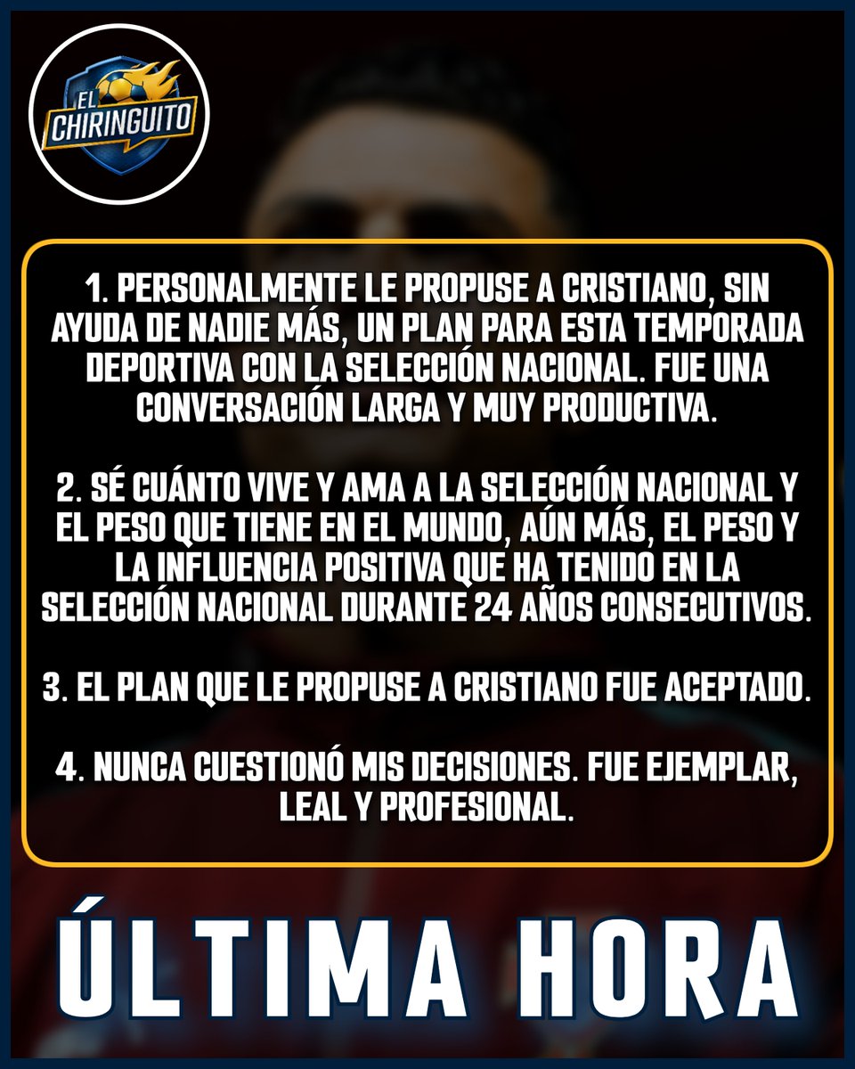 elchiringuitotv's tweet photo. 💣 CRISTIANO REVELA lo que JORGE JESÚS le dijo que DIRÍA en RUEDA DE PRENSA.

👉 "Cometí un error al poner a calentar a alguien de la talla de Pelé o Maradona para luego no incluirlo".

 👉 "Si fuera hoy, no lo haría". https://t.co/sB5RiQhWET