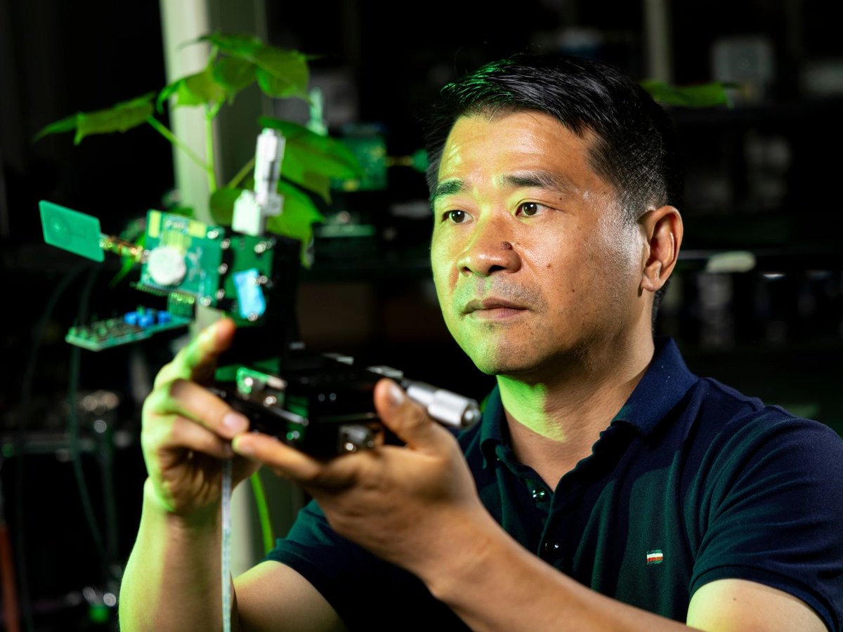 UGA_CollegeofAg's tweet photo. Professor and @ga_res_alliance Eminent Scholar in Precision Agriculture Liang Dong is advancing real-time plant health monitoring through sensor technologies that enable plants to communicate what they are experiencing.

🔗 https://t.co/DWjbMMTV3W https://t.co/jTKmlHwzNf