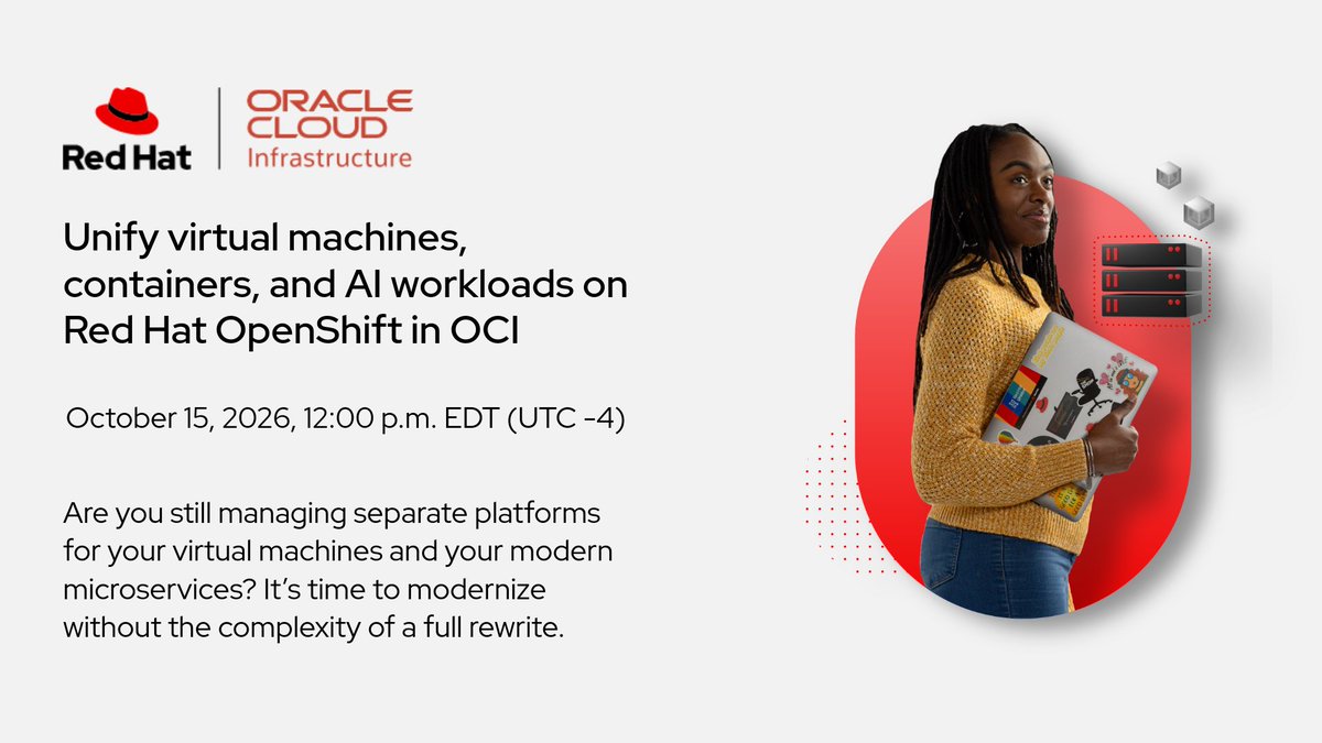 RedHatPartners's tweet photo. Expand your cloud practice. Learn how Red Hat @OpenShift Virtualization on OCI bare metal helps clients modernize legacy VMs and prepare for AI without code rewrites. Join @RedHat and @Oracle on October 15 at 12 PM ET: https://t.co/CLzzxmKpAv https://t.co/BHL41qHlcZ