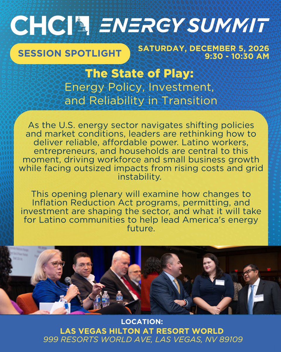 CHCI's tweet photo. This December, the leaders shaping America's energy future are gathering in Las Vegas, and you're invited! Don't miss your chance to be part of these exciting conversations. 

Register now: https://t.co/5icDl6aKrT

#CHCI #EnergySummit #LatinosInEnergy https://t.co/cnyzZ8lYv9