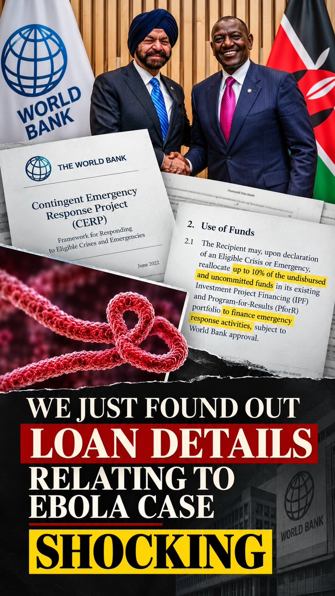 A man wearing a turban shakes hands with a smiling man in a suit beside Kenyan and World Bank flags, while a World Bank "Contingent Emergency Response Project (CERP)" document dated June 2022 is overlaid, highlighting section 2.1 which states recipients may "reallocate up to 10% of the undisbursed and uncommitted funds" for emergency response upon World Bank approval—visually supporting claims that Kenya could access unspent World Bank loans if an Ebola emergency is declared.