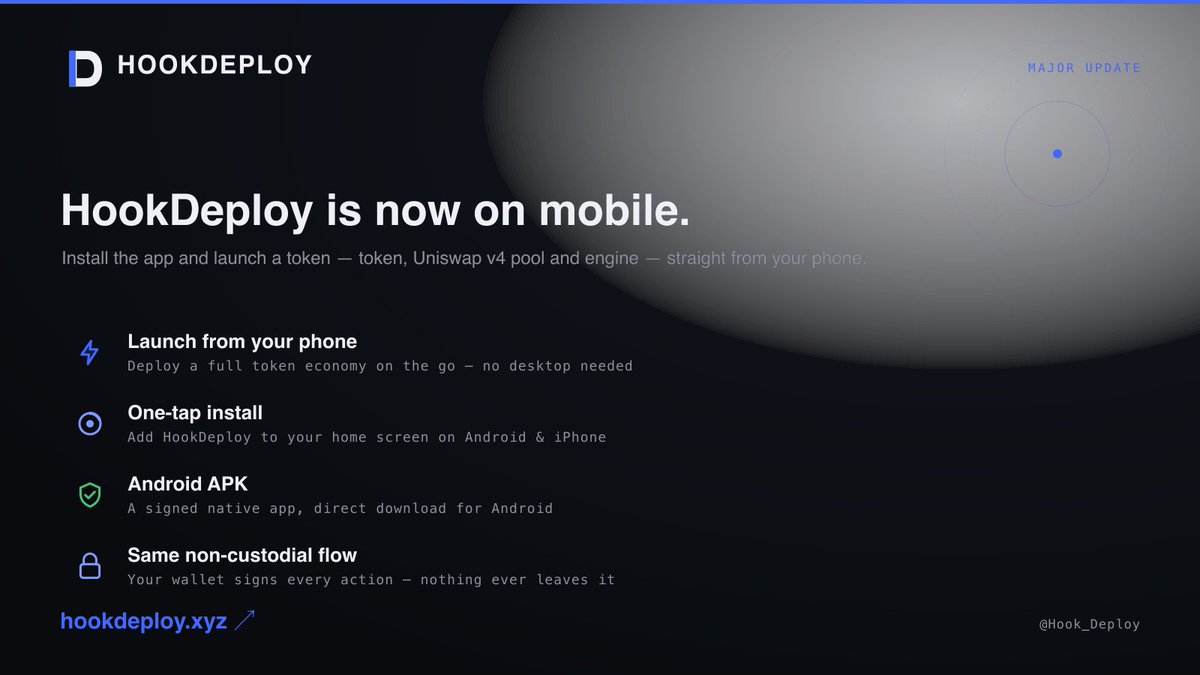Hook_Deploy's tweet photo. MAJOR UPDATE 🛑

We've been quiet on here. We have not been quiet in the repo.

Silence isn't a stop. It's heads-down shipping. And here's the big one:

HookDeploy is now on mobile.

Launch a full token economy — token, Uniswap v4 pool and economic engine — straight from your phone. One-tap install on Android & iPhone, plus a signed Android APK.

Same non-custodial flow. Your wallet signs everything. Nothing ever leaves it.

https://t.co/YwWFSvv7AV

CA: 0x0b43c68bc0837e5307a3d3c32fe88ee601d1d171