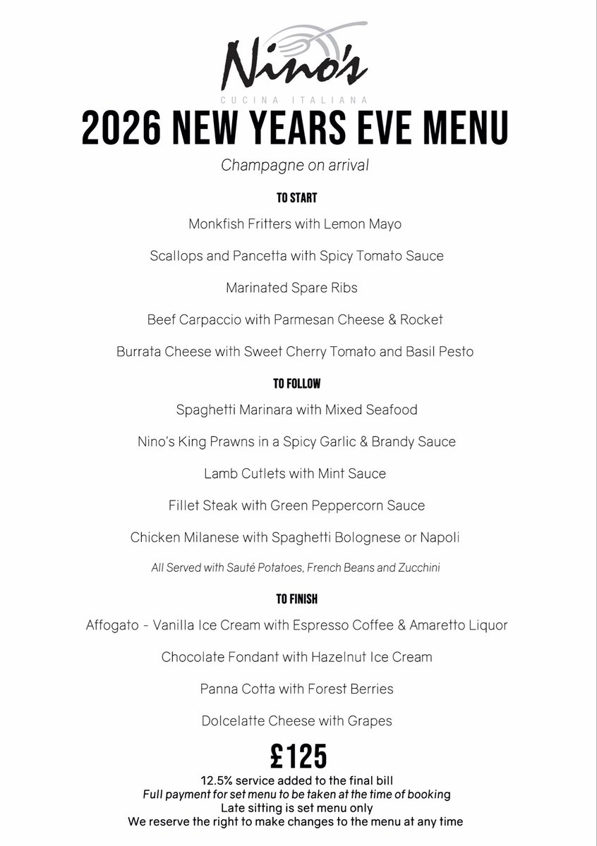 NinosSWoodford's tweet photo. 🎉✨ 2026 NEW YEAR’S EVE ✨🎉

Celebrate New Year’s Eve with us! 🥳

🍽️ Early Sitting | 6pm–8pm
Enjoy our à la carte menu.

🥂 Late Sitting | From 9pm
Enjoy our set menu only. Full payment for the set menu is required at the time of booking.

📞 Call us to book: 020 8989 6192 https://t.co/8J7unkc9Gx