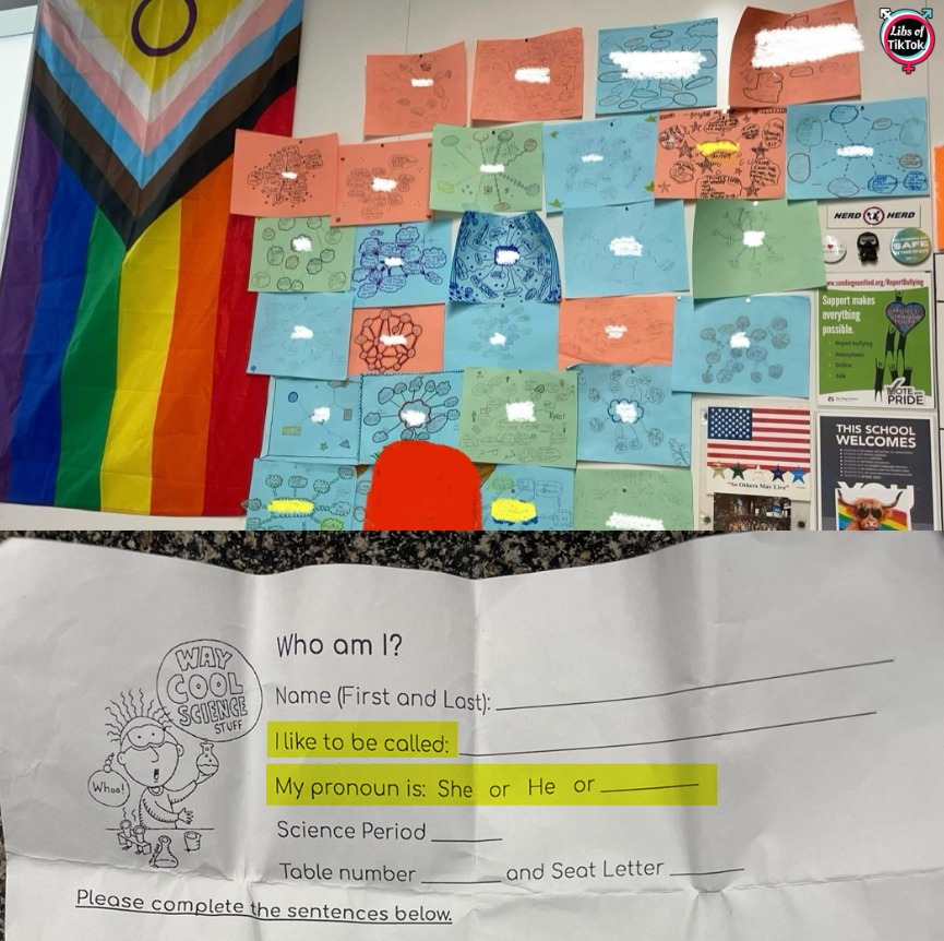 libsoftiktok's tweet photo. SCOOP: Lewis Middle School (@sdschools) had students create woke "identity maps" listing their pronouns while a giant g*nital mutilation flag hangs in the classroom.

I’m told students in multiple classes were also given a survey asking for their preferred names and pronouns.

This is what they're pushing onto your children without parents’ knowledge.

Absolutely sickening.

This district needs to be investigated immediately @usedgov