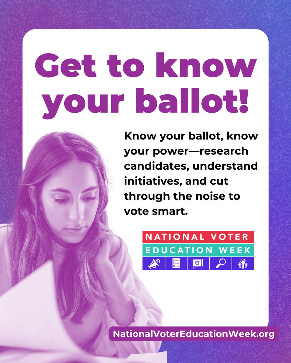 LWVTexas's tweet photo. It's National Voter Education Week!!! Today's theme is "Get to Know Your Ballot." The League's trusted, nonpatrisan Voters Guide is the perfect place to find out what's on your ballot, because we've been providing impartial voting information for over 100 years! #NoMoreExcuses https://t.co/Wk38GROT7s