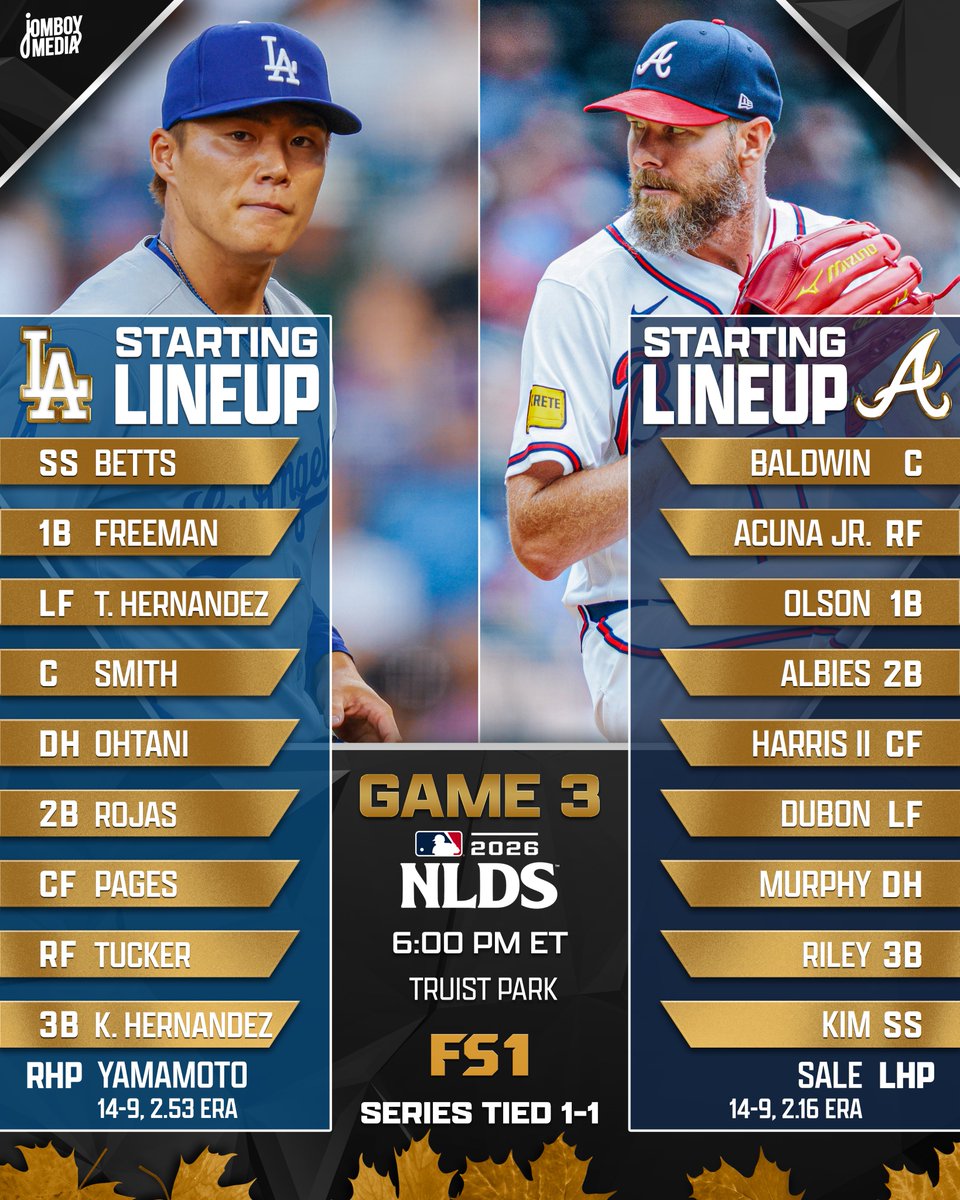 TalkinBaseball_'s tweet photo. It'll be Chris Sale vs. Yoshinobu Yamamoto tonight as the series shifts to Atlanta https://t.co/sE0NrU7KKt