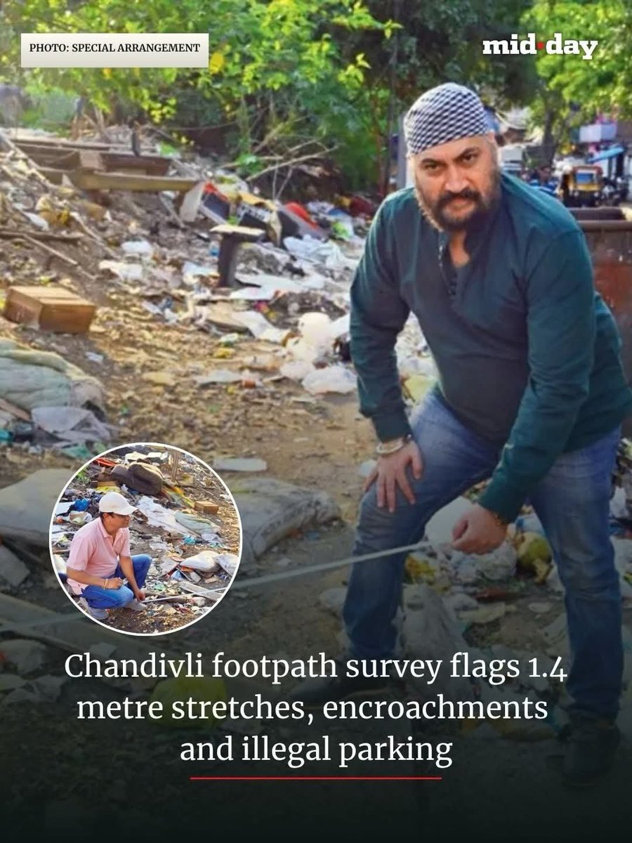 ChandivaliCCWA's tweet photo. Chandivli footpath survey flags 1.4-metre stretches, encroachments and illegal parking. 
Article in @mid_day reported by Madhulika Ram Kavattur
@mybmc @AshwiniBhide @mybmcWardL https://t.co/YGZ4atcdq7