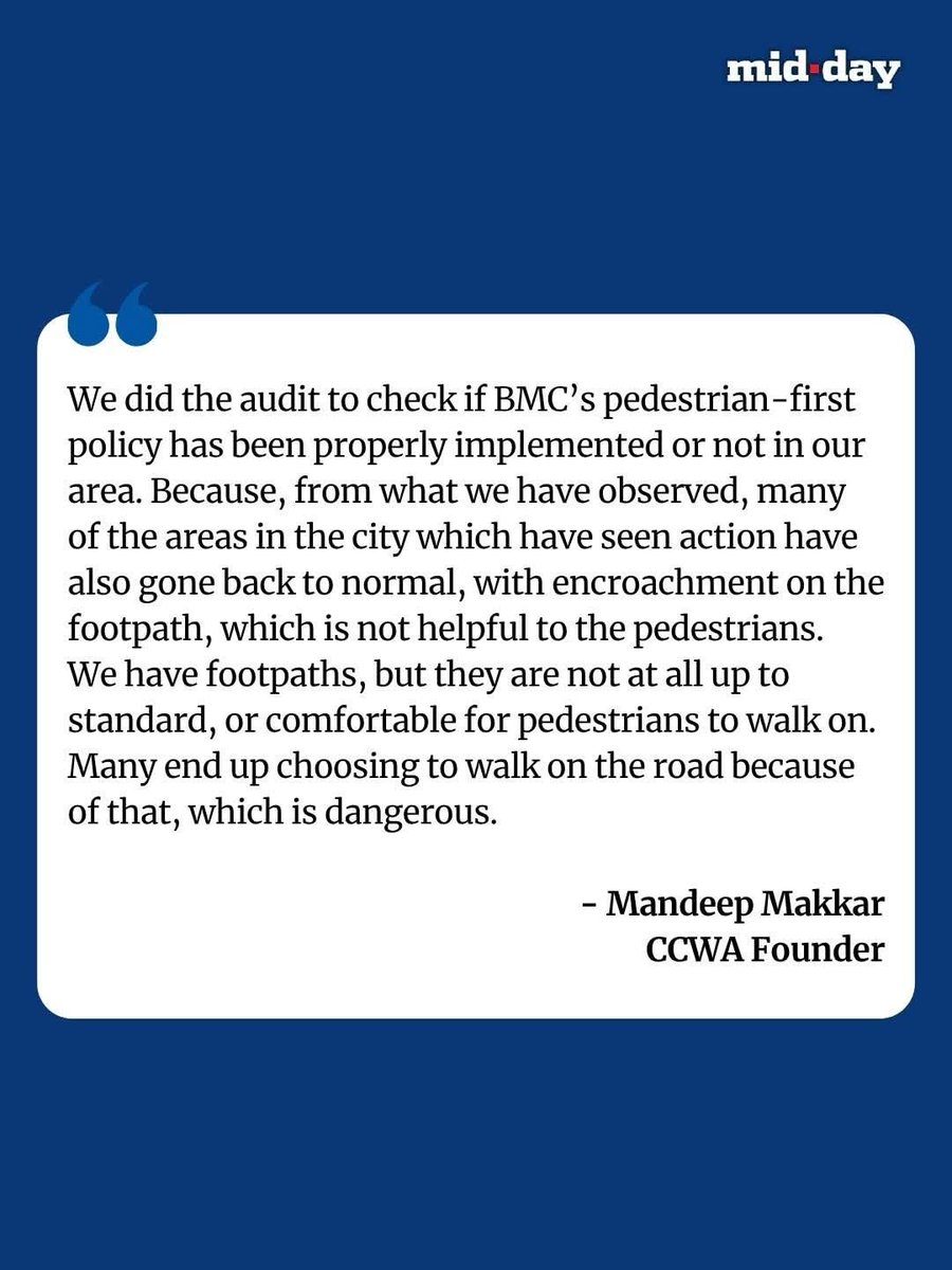 ChandivaliCCWA's tweet photo. Chandivli footpath survey flags 1.4-metre stretches, encroachments and illegal parking. 
Article in @mid_day reported by Madhulika Ram Kavattur
@mybmc @AshwiniBhide @mybmcWardL https://t.co/YGZ4atcdq7