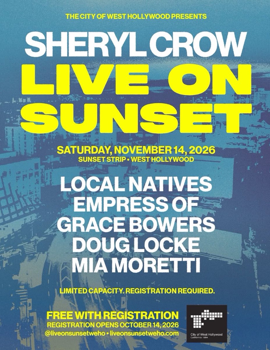 concertleaks's tweet photo. The lineup for Live On Sunset has been announced, with a headlining set from Sheryl Crow! 

Tickets will be FREE and available on October 14th. https://t.co/sq2P9sDNbN