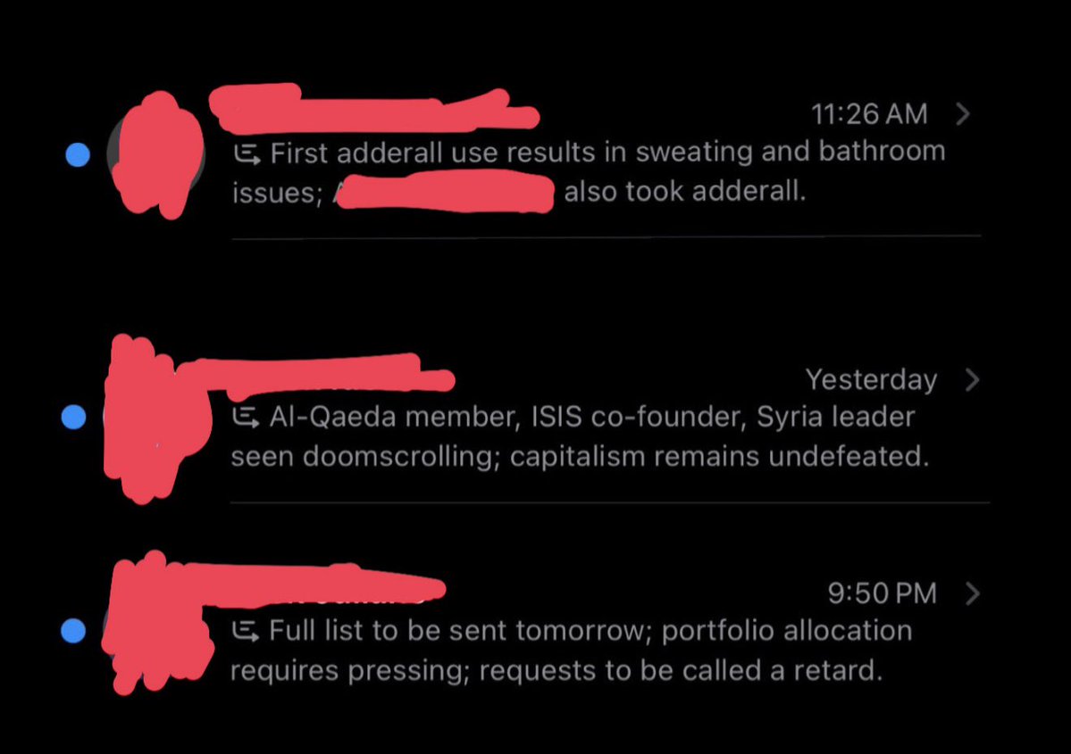 CornCapital_'s tweet photo. A collection of my favorite iMessage AI summaries 

@Apple plz never take this joy away from me https://t.co/DKCcMgKDA6