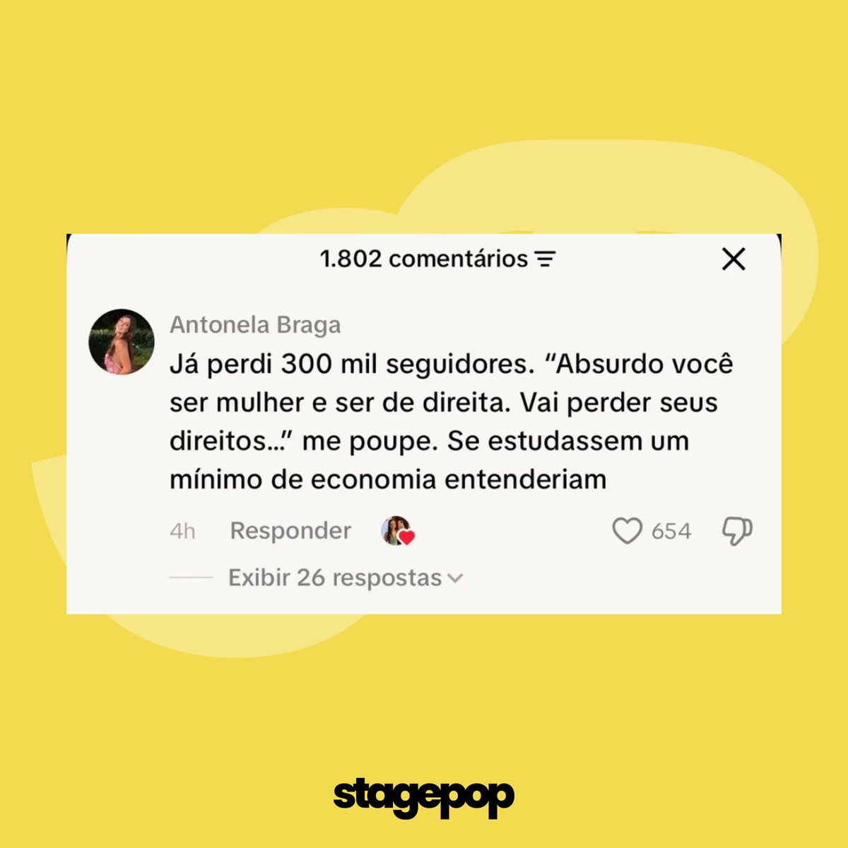 stagepopbr's tweet photo. Antonela Braga afirma com todas as letras que é de DIREITA em novo comentário e revela ter perdido 300 mil seguidores:

“Já perdi 300 mil seguidores. ‘Absurdo você ser mulher e ser de direita. Vai perder seus direitos.’ Me poupe. Se estudassem o mínimo de economia, entenderiam.” https://t.co/PPcbWhU1Ac