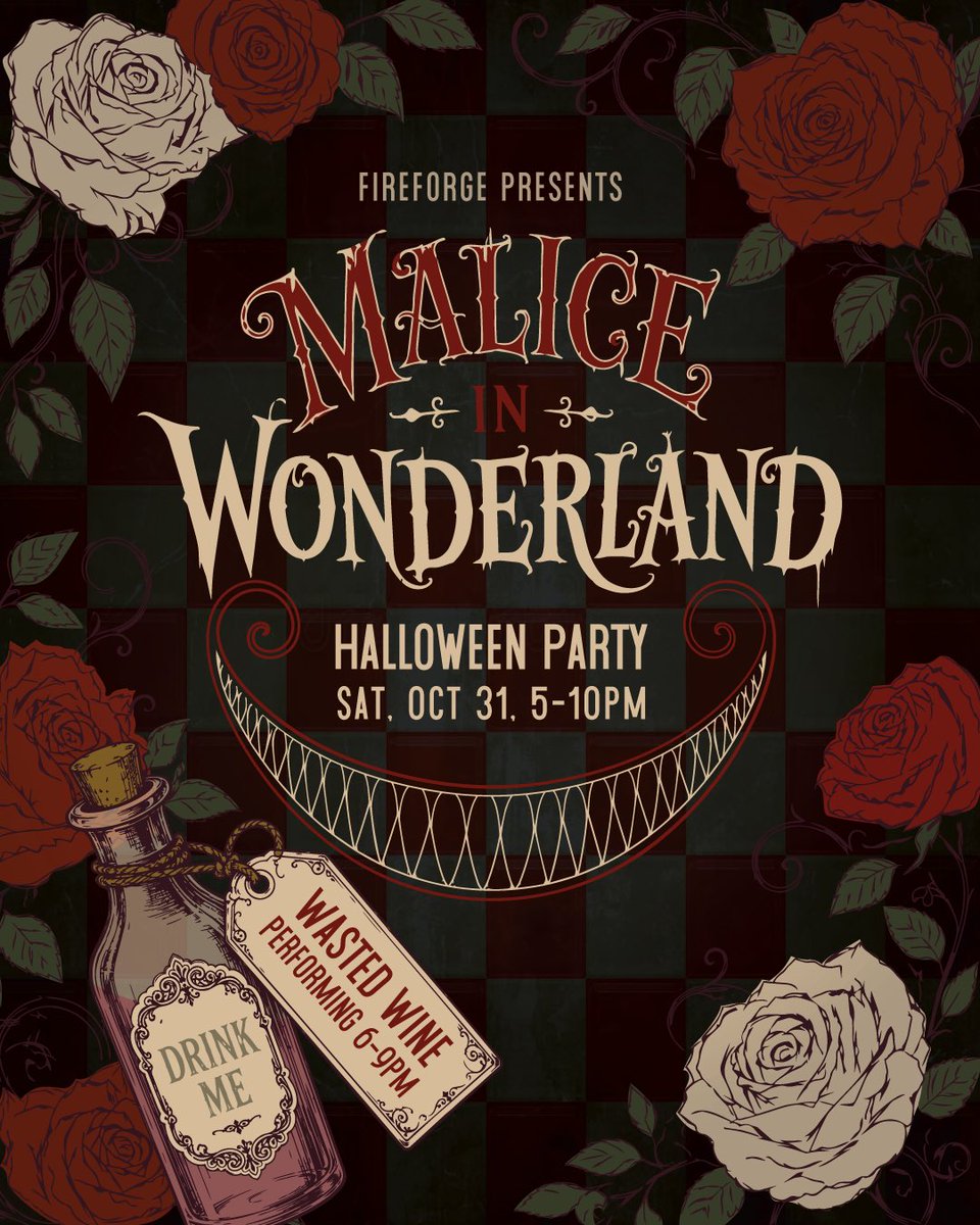 fireforgebeer's tweet photo. The time has come, Fireforge friends, to talk of Halloween: Of craft and beer - and violins - of Cheshire Cats and Queens! Fireforge's "Malice in Wonderland" Halloween Party is Saturday 10/31 from 5-10 pm. https://t.co/bUg94m1LHf https://t.co/HnDyV2XPYw