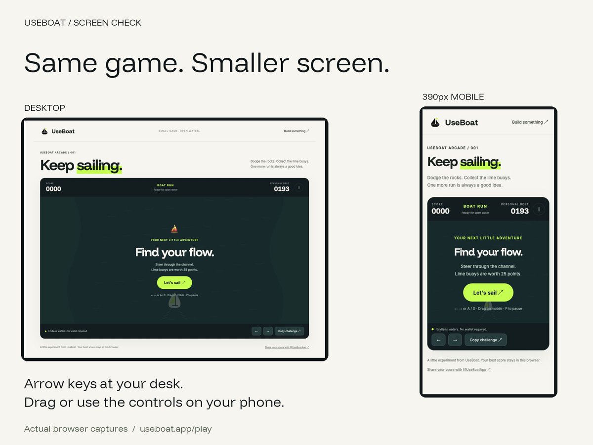 UseBoatApp's tweet photo. Boat Run, at your desk or on your phone.

Arrow keys on desktop. Drag or tap the controls on mobile.

Here is the same page at two screen sizes. Give it a run and tell us if anything feels awkward on yours.

https://t.co/NmfgAVDa4o https://t.co/pquGoJYMMa