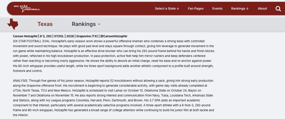 CarsonHolzapfel's tweet photo. Thank you @SixStarFootball for including me in your write-up and evaluation, “Midseason Attention Getters: Texas Offensive Prospects Demanding a Closer Look.”

Honored to be recognized and excited to keep working! 🏈💪

#RecruitCarson #ClassOf2028 #TexasFootball #OL #OffensiveLine #IOL #OT