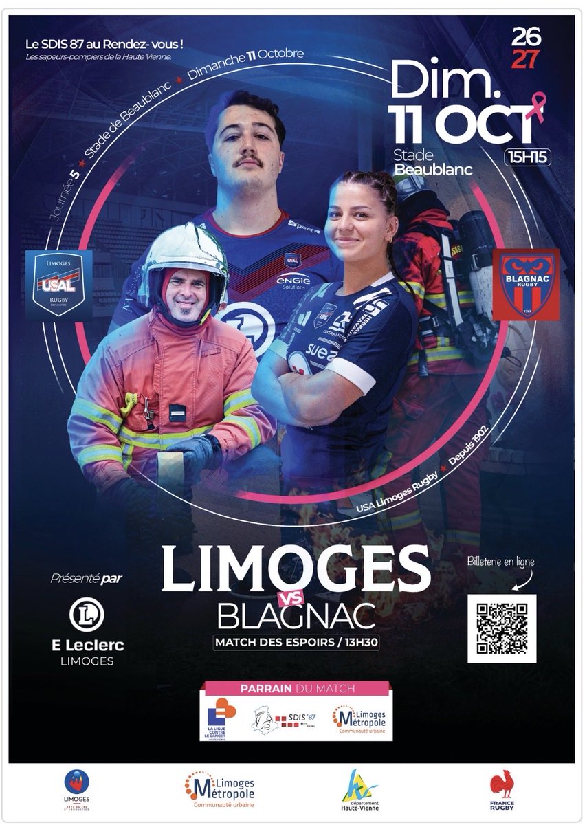 Sdis_87's tweet photo. 🏉 🧑‍🚒 L’USAL rend hommage aux sapeurs #pompiers de la Haute-Vienne !
Après un été marqué par une mobilisation intense face aux feux, l’USAL a invité les sapeurs-pompiers de la Haute-Vienne à son prochain match à domicile face à Blagnac le dimanche 11 octobre 2026. https://t.co/WnFsvPUFPX