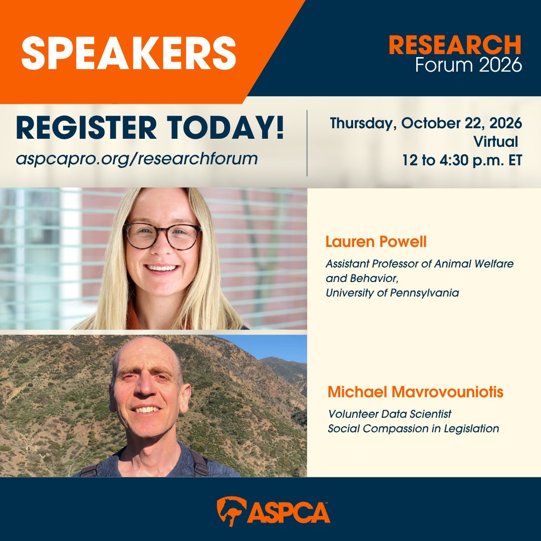ASPCAPro's tweet photo. EXPLORE THE RESEARCH SHAPING THE FUTURE OF #ANIMALWELFARE!

Join us for the 2026 @ASPCA #ResearchForum on October 22 from 12:00–4:30 p.m. ET!

Learn from experts from the University of Pennsylvania and Social Compassion in Legislation. Register today!
https://t.co/ArKOw9D9Sw https://t.co/IEMmlIdvS1