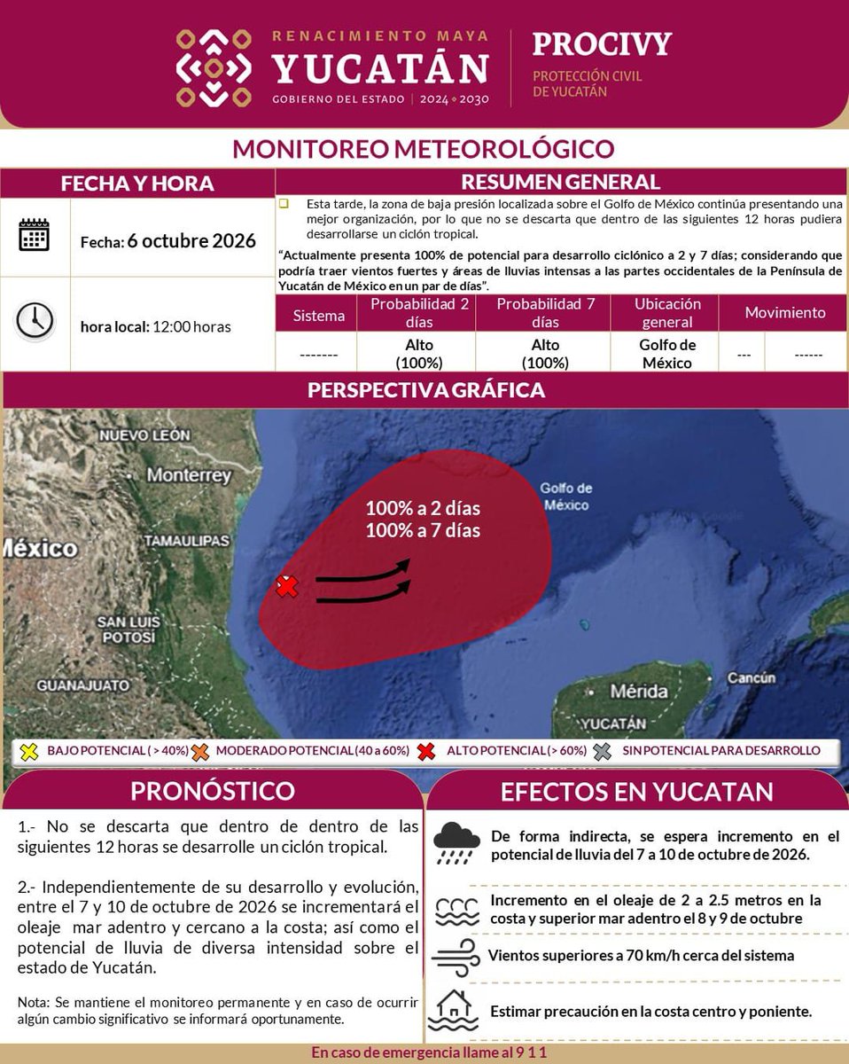 procivy's tweet photo. #Aviso

La zona de Baja Presión localizada sobre el Golfo de México, continúa presentando una mejor organización, por lo que no se descarta que dentro de las siguientes 12 horas evolucione a Ciclón Tropical. https://t.co/1TMRsXVPns