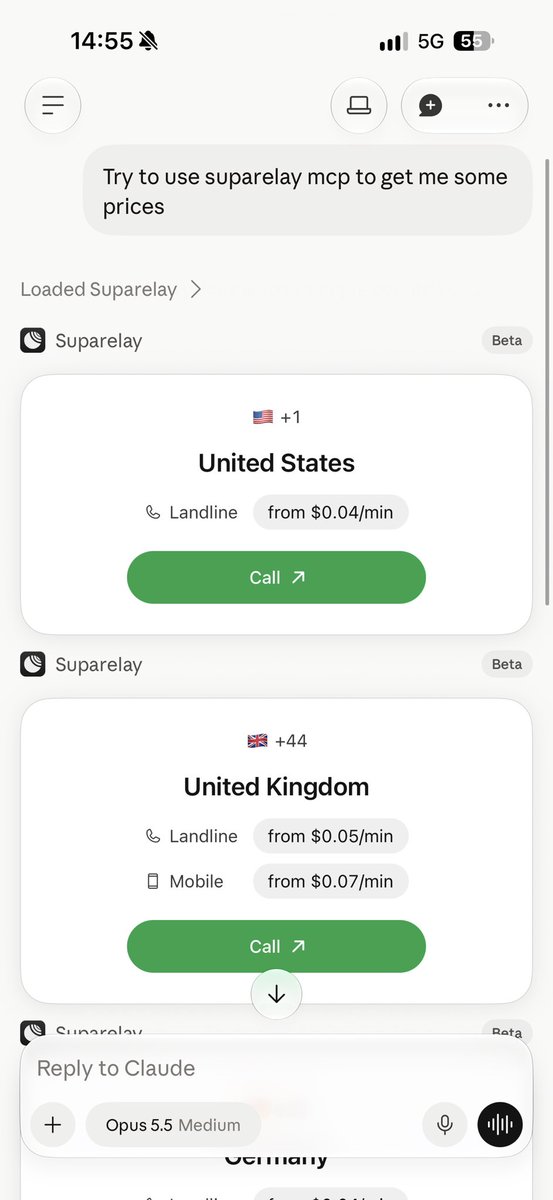 suparelay's tweet photo. We are not forgetting Claude MCPs as well 

Call any number in the world for cents a minute from Claude or ChatGPT https://t.co/exUfdIVpsh