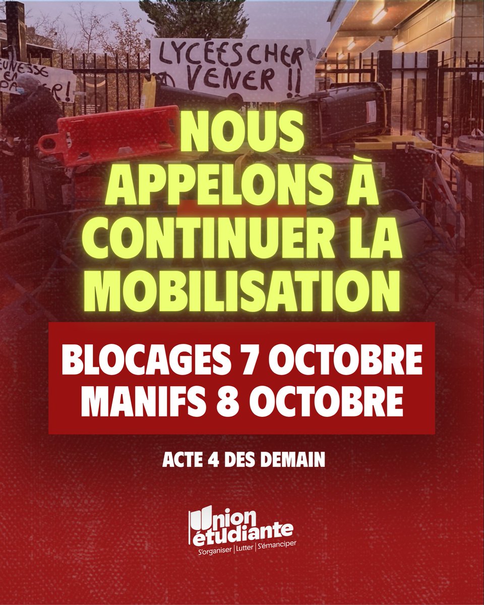 unionetudiante_'s tweet photo. 🔴 PARTAGEZ

Nous appelons à continuer la mobilisation : mercredi 7 octobre blocus partout et jeudi 8 octobre grande manifestation.

Continuez à signer https://t.co/30aRifcUBX , nous n’arrêterons rien tant que nous n’aurons pas eu gain de cause sur ces 10 mesures. https://t.co/MMXWc13a5j