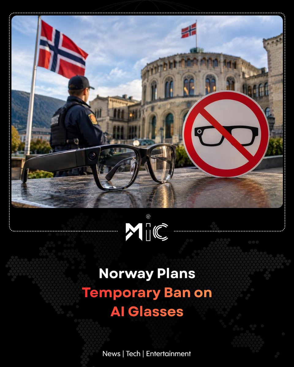 mictechofficiaI's tweet photo. Norway is considering a temporary ban on AI-powered glasses in some public places due to privacy and surveillance concerns. The move comes as smart glasses with built-in AI and cameras become more popular.
#mictech #micnews #Norway #Bans #AIGlasses https://t.co/Hy4HT7SmLW