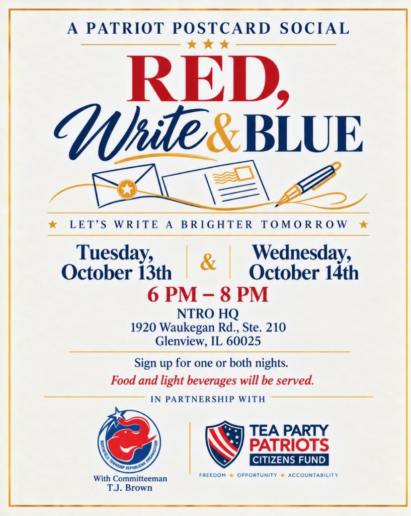 GOPNorthfield's tweet photo. Want to help us drive turnout here in Northfield Twp AND across the Cheddar Curtain? Join us Oct 13 and Oct 14 as we'll write postcards to Republicans who seldom vote in midterms to give them a nudge to vote this time. Pizza and soft drinks will be served. https://t.co/vZK5Bx0oUY https://t.co/c0tEbR6Lqo
