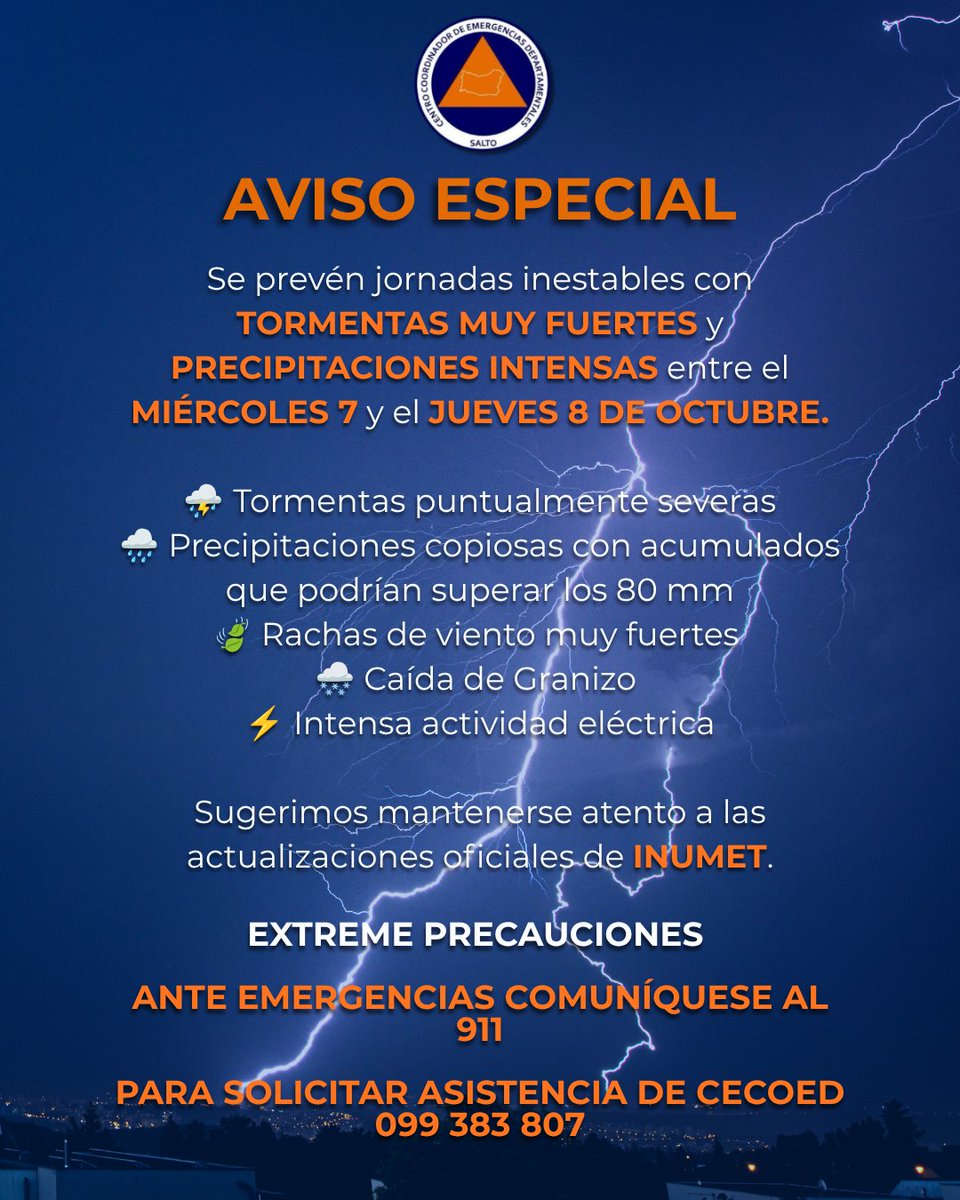 id_salto's tweet photo. 𝗔𝗟𝗘𝗥𝗧𝗔 𝗣𝗢𝗥 𝗧𝗢𝗥𝗠𝗘𝗡𝗧𝗔𝗦
Inumet emitió un informe especial por posible ocurrencia de tormentas puntualmente severas en nuestra región entre este miércoles 7 y jueves 8 de octubre. https://t.co/hozFzZwYW5