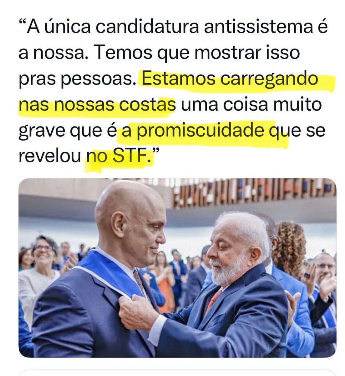 MarceloRoMonte's tweet photo. Na imagem, o “candidato antissistema”* e a promiscuidade do STF.

Não sei não, mas olhando daqui não parece que ele está “carregando nas costas”.

Parece mais estar, digamos, “abraçando de frente”** a promiscuidade em pessoa.

* é tão “antissistema” que esteve (e está) no poder por quase 20 dos últimos 24 anos.
** usei o “dilmês” aqui 😉
