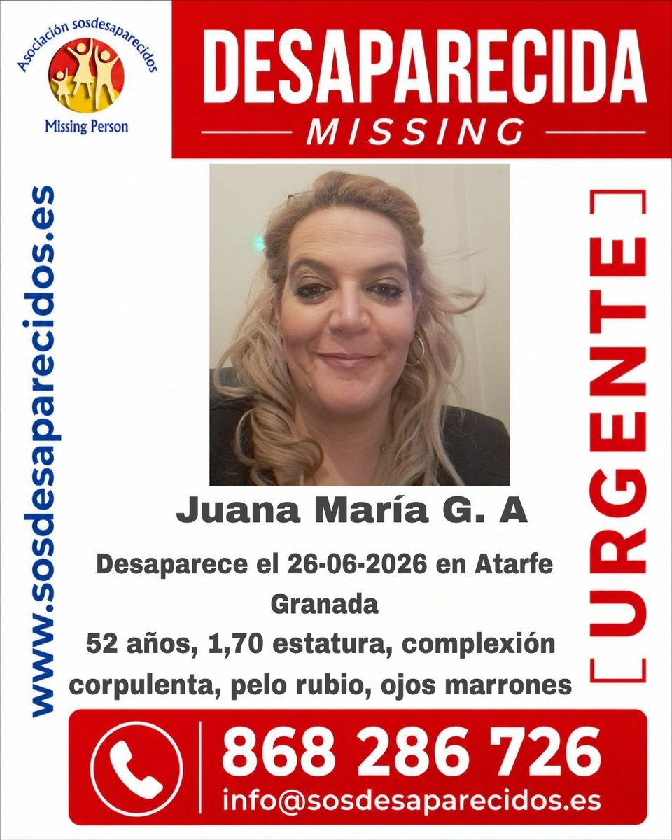 sosdesaparecido's tweet photo. 🆘 DESAPARECIDA
#Desaparecido #Missing #España #sosdesaparecidos #Granada #atarfe
Síguenos @sosdesaparecido https://t.co/xSUru6usNt