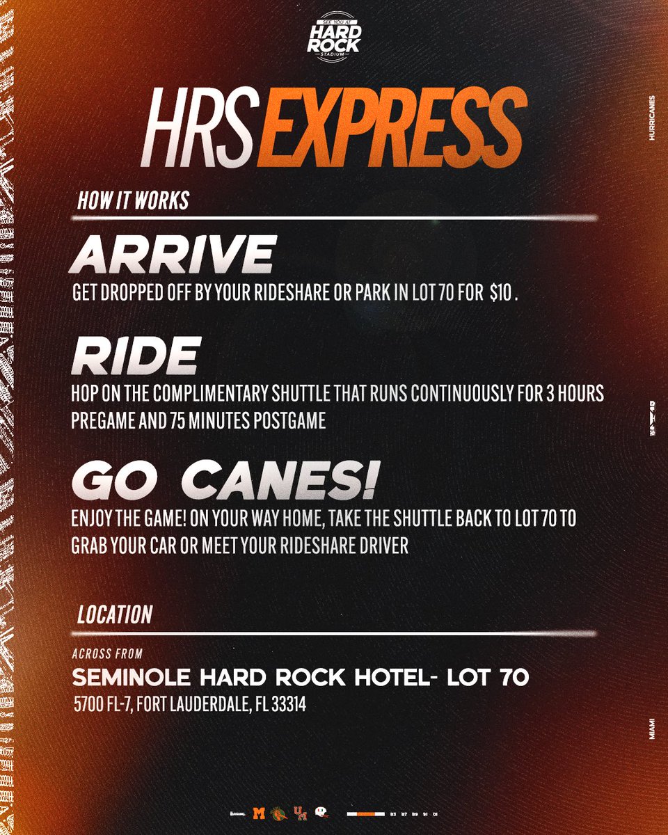 MiamiHurricanes's tweet photo. Canes Fans, parking at Hard Rock Stadium for the FSU game is sold out. The HRS Express shuttle will be available for the remaining 2026 home games. 

Please visit the link below for more info on the shuttle and additional transportation options.

ℹ️ https://t.co/OVdMvay9tX https://t.co/bptdPJHvd9