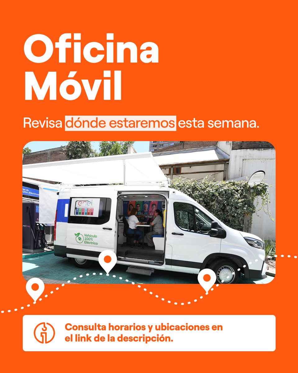 Enel_Informa_CL's tweet photo. ¿Prefieres resolver tus trámites en persona? Esta semana la Oficina Móvil recorre distintas comunas, sin necesidad de agendar hora.
👉 Revisa el recorrido aquí: https://t.co/nejHSI0kk0
#EnelDistribución #AtencionPresencial #eneldx https://t.co/bXf2EGTZRA