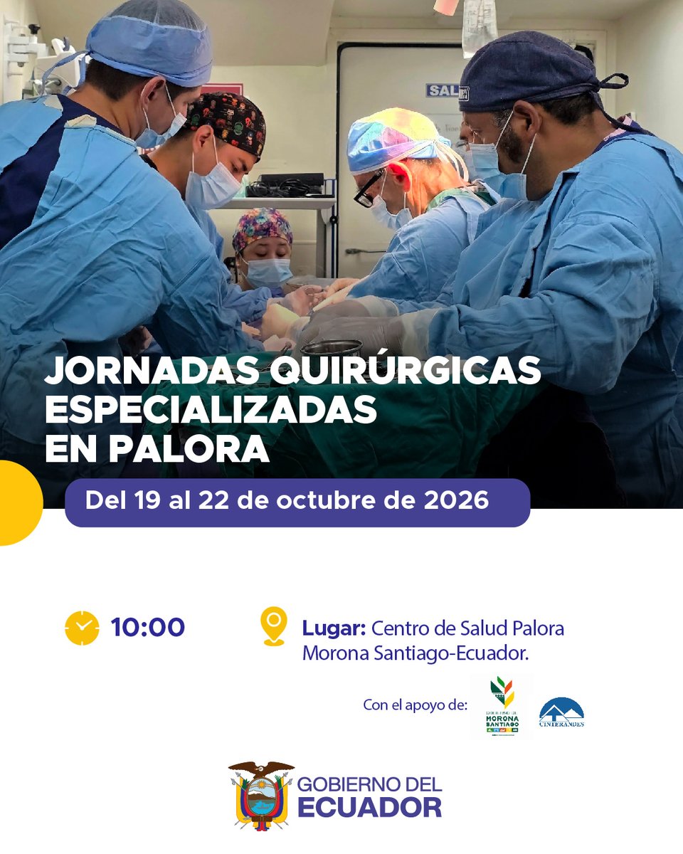 dpsmorona's tweet photo. #MoronaSantiago | 🏥✨ ¡La atención especializada llega a #Palora!
Del 19 al 22 de octubre de 2026, el cantón Palora será sede de las Jornadas Quirúrgicas Especializadas gratuitas, gracias al trabajo articulado entre @Salud_Ec , el Gobierno de Morona Santiago y @CINTERANDES🤝 https://t.co/75hffwttLS