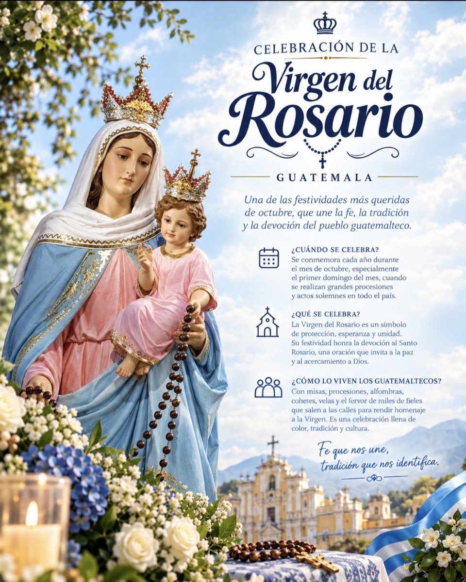 MigrantesPorGT's tweet photo. 🇬🇹✨ Octubre, mes de la Virgen del Rosario. 

Una celebración que forma parte de la identidad y tradición de Guatemala, donde la fe, la cultura y las costumbres se unen para mantener vivas nuestras raíces ⛪📿. https://t.co/eGW27FhM5h