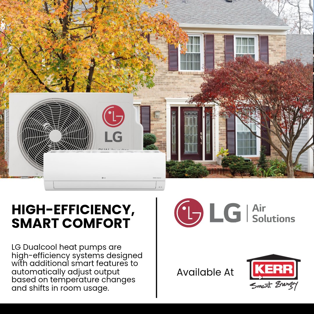 KerrSmartEnergy's tweet photo. LG Dual Cool heat pumps use a combination of high-efficiency hardware and advanced features like Auto Fan Speed and Smart Care to automatically adjust system output. These systems can detect when rooms aren’t being used, decreasing output for even greater energy efficiency. https://t.co/IPEHyvZG4z