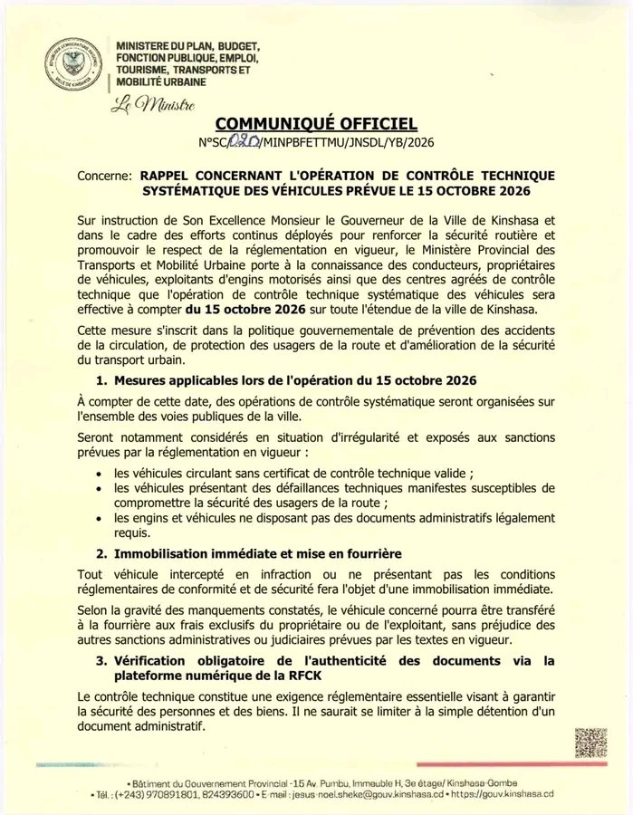 ntumbawiva's tweet photo. RDC: L'effectivité du contrôle technique systématique des véhicules est prévue, le 15 octobre, sur toute l'étendue de la ville de Kinshasa, selon un communiqué du ministère provincial des Transports.
*Wivatv* https://t.co/qYGUOEWL9B