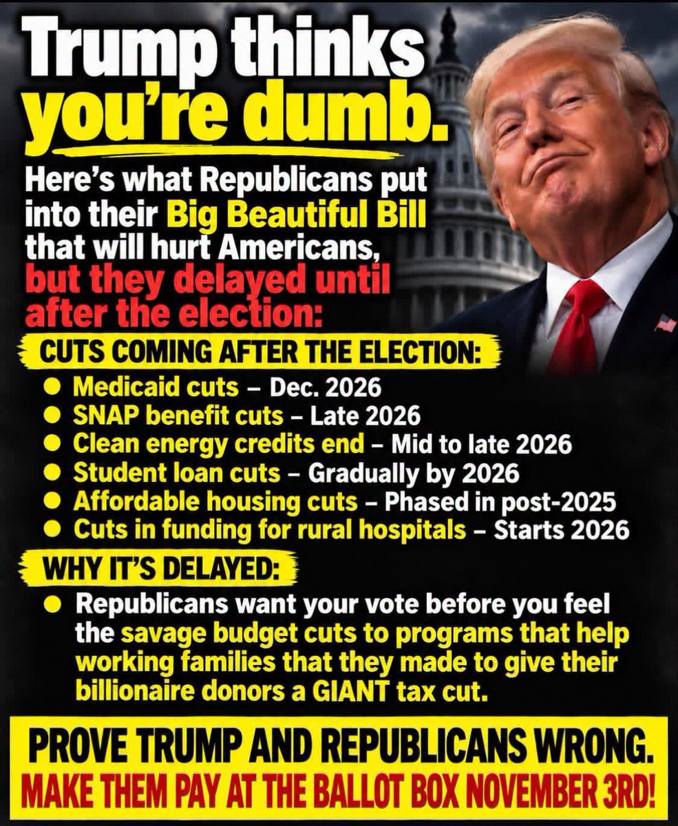 Analisa_Swan's tweet photo. Trump/GOP’s Big Ugly Bill is something we’re all now paying for in order for Trump/GOP to give huge tax breaks to billionaires! It’s paid for with Trump/GOP ripping away your healthcare, jacking up the cost of living on everything! Vote out all Trump/GOP! Make them pay! #RepublicanHealthcareCrisis