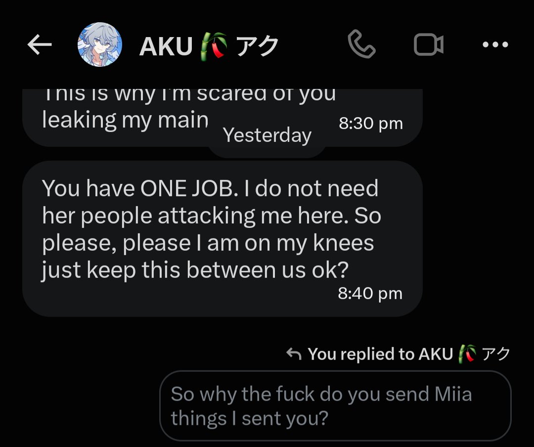 BasedGyaru's tweet photo. Btw, I am the cook, I am the man who leaked Aku's main account and gave it to Miia. I had her begging on her knees. @blaringsuns, you are the dumbest hag to ever live lmao https://t.co/1v5wq72fSn