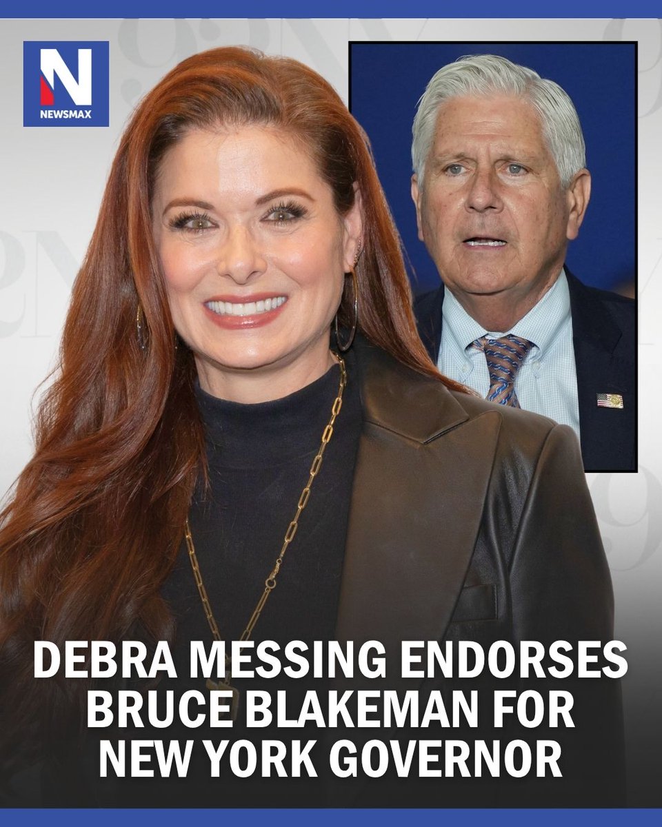 NEWSMAX's tweet photo. MESSING’S POLITICAL SHIFT: Actress Debra Messing, a longtime Democrat, has endorsed Republican Bruce Blakeman over Democratic Gov. Kathy Hochul in the New York governor’s race, citing taxes, the cost of living and declining quality of life. https://t.co/tAMNGUYmv8