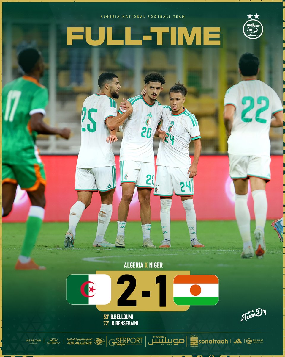 LesVerts's tweet photo. FULL TIME |  نهاية المباراة

#LesVerts ⭐️⭐️ | #123VivaLAlgérie 🇩🇿 https://t.co/g8TBSvGyaV