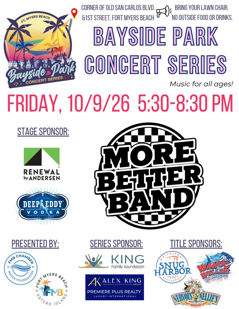 FMB_Chamber's tweet photo. More Better Band takes the stage at Bayside Park this Friday bringing a high energy whirlwind live experience taking all of your favorites songs and adding a unique ska and reggae twist to them. The show runs from 5:30 to 8:30pm! 🎸🎶🤘🔥🎵 

#fmbchamber #visitfmb #livemusic https://t.co/jBT4UfYaAy