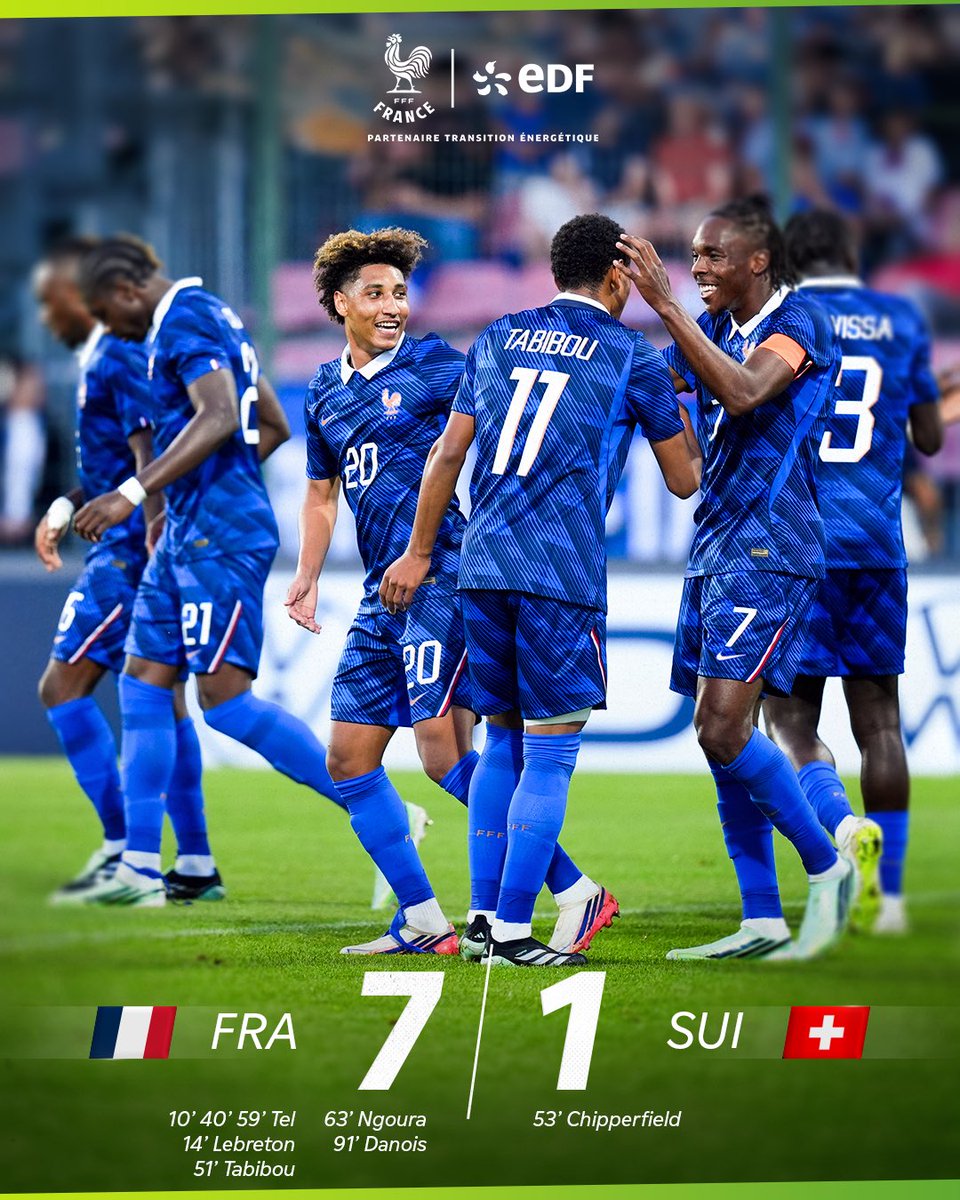 EDF_Foot's tweet photo. 𝗖𝗔𝗥𝗧𝗢𝗡 𝗣𝗟𝗘𝗜𝗡 𝗣𝗢𝗨𝗥 𝗟𝗘𝗦 𝗕𝗟𝗘𝗨𝗘𝗧𝗦 🇫🇷

Déjà qualifiés pour l'Euro Espoirs 2027, ils terminent les qualifications par une victoire écrasante 7-1 face à la Suisse.

Une note sur 10 pour cette performance ? 👇

#EDFFoot https://t.co/D5hA8oDpbX