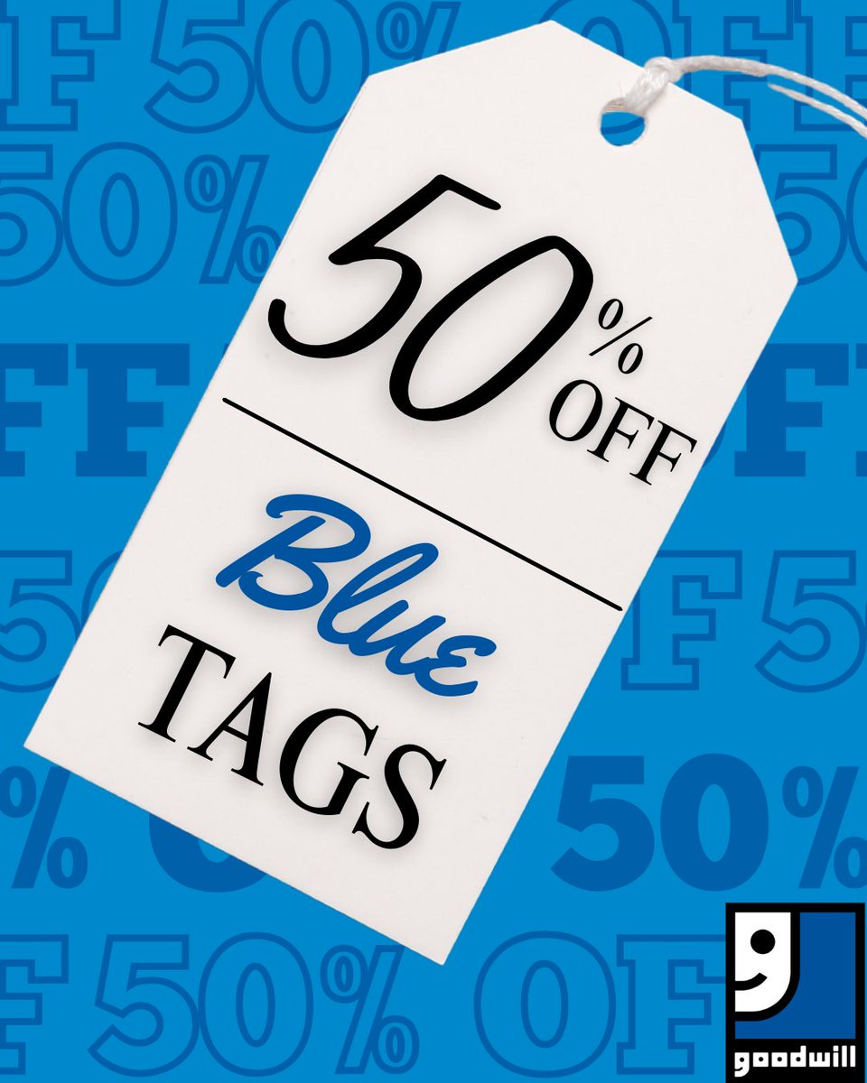 GoodwillNIL's tweet photo. The color of the week is BLUE!💙
All items with blue tags are 50% off this week. Stop by any Northern Illinois Goodwill this week and score some savings! https://t.co/B1MQut5ztx