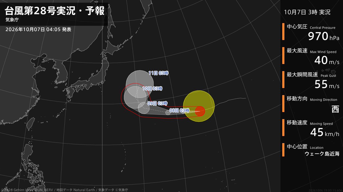 UN_NERV's tweet photo. 【台風第28号実況・予報 2026年10月07日 04:00】
強い台風第28号（ノロ）は、ウェーク島近海を1時間に45キロの速さで西に進んでいます。 https://t.co/yZD7bV0NZ3