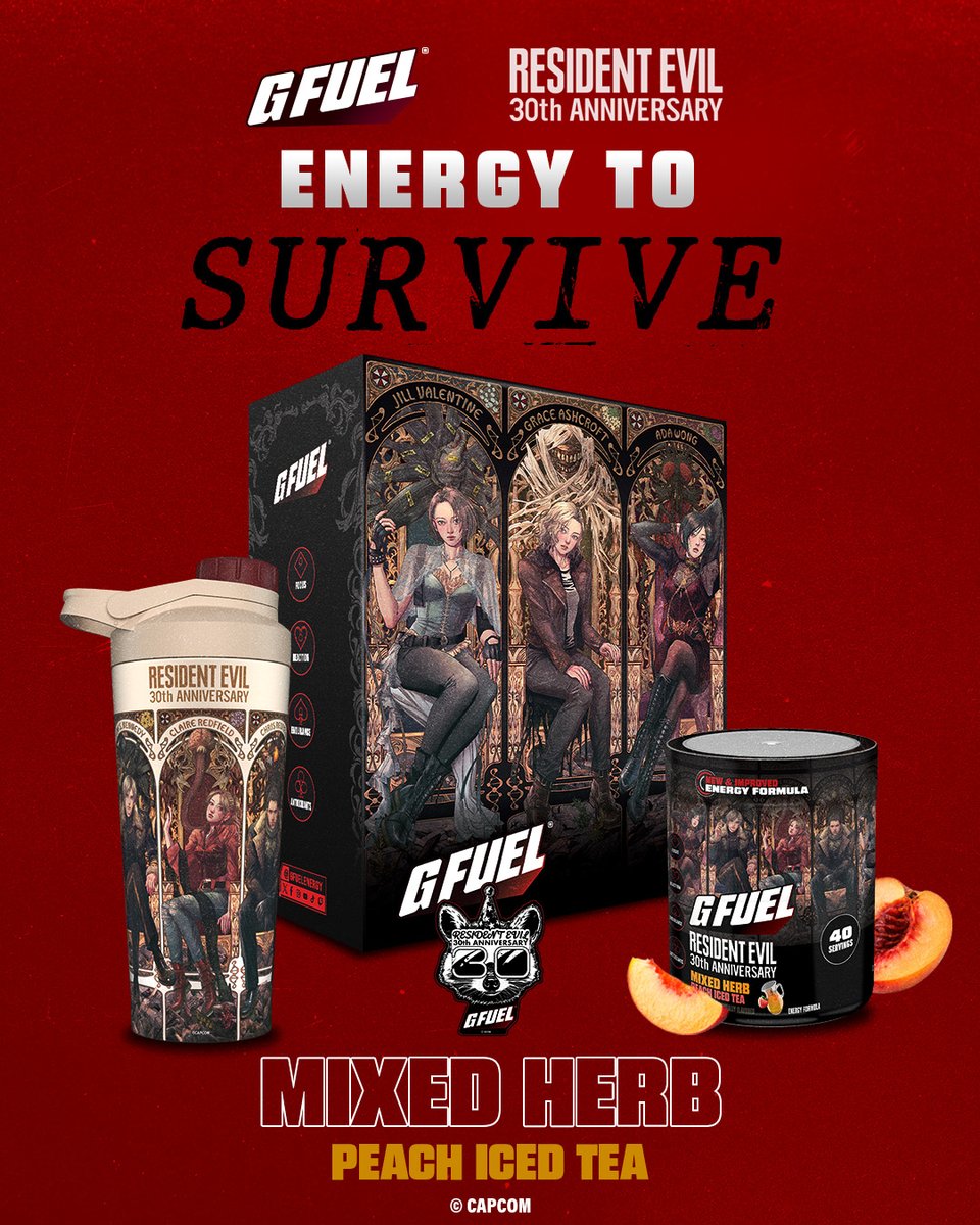 GFuelEnergy's tweet photo. Join The Waitlist: https://t.co/ywb7xHfJF5

G FUEL x Resident Evil is coming in Mixed Herb, a refreshing Peach Iced Tea flavor created to celebrate 30 years of survival horror 🍑🌿 

Be ready when the outbreak begins 🧟 https://t.co/EkyuqutxV4
