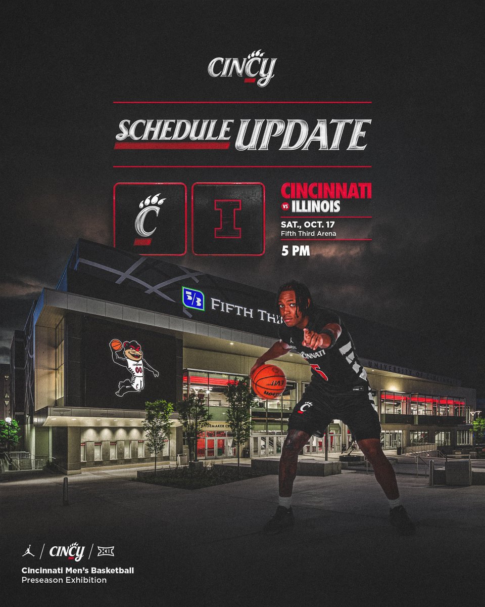 GoBearcatsMBB's tweet photo. SCHEDULE UPDATE: Our exhibition game vs. Illinois on Saturday, October 17 will now tip at 5 p.m. ET inside Fifth Third Arena.

We've also announced tip times for the following ESPN+ games:

Mon., 11/2 vs. American — 7 p.m. ET
Thu., 11/5 vs. Green Bay — 7 p.m. ET
Mon., 11/9 vs. Minnesota — 7 p.m. ET
Wed., 11/18 vs. Youngstown St. — 7:30 p.m. ET
Sun., 11/22 vs. UMass Lowell — 2 p.m. ET
Wed., 12/2 vs. Monmouth — 7 p.m. ET
Mon., 12/14 vs. Stetson — 7 p.m. ET
Tue., 12/22 vs. Marist — 7 p.m. ET
Tue., 12/29 vs. Bethune-Cookman — 5 p.m. ET