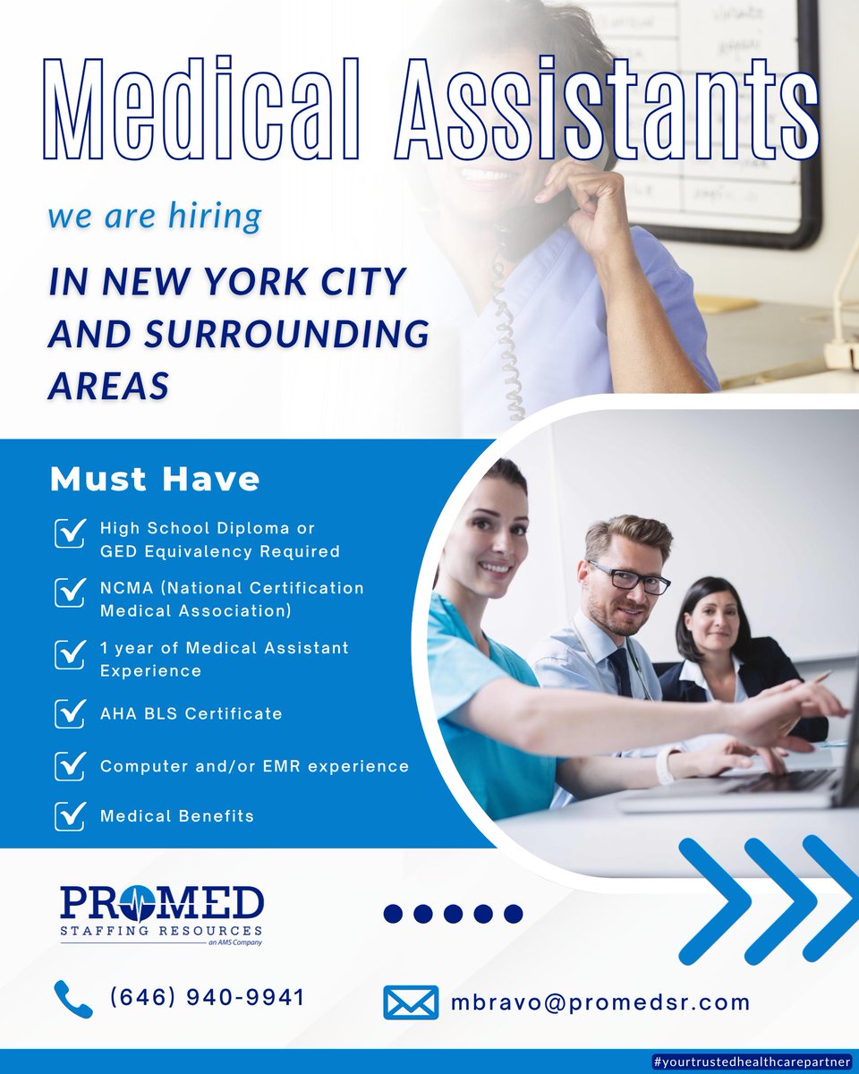 promed_staffing's tweet photo. Professional ProMed Staffing Resources is currently seeking experienced #LPNs for dependable, full-time positions. Contact Maria today by call or text at 646-940-9941 or email mbravo@promedsr.com.

#certifiedmedicalassistant #medicalassistant #MAjobs #promedsr #hiring https://t.co/sHyXQJOWQQ