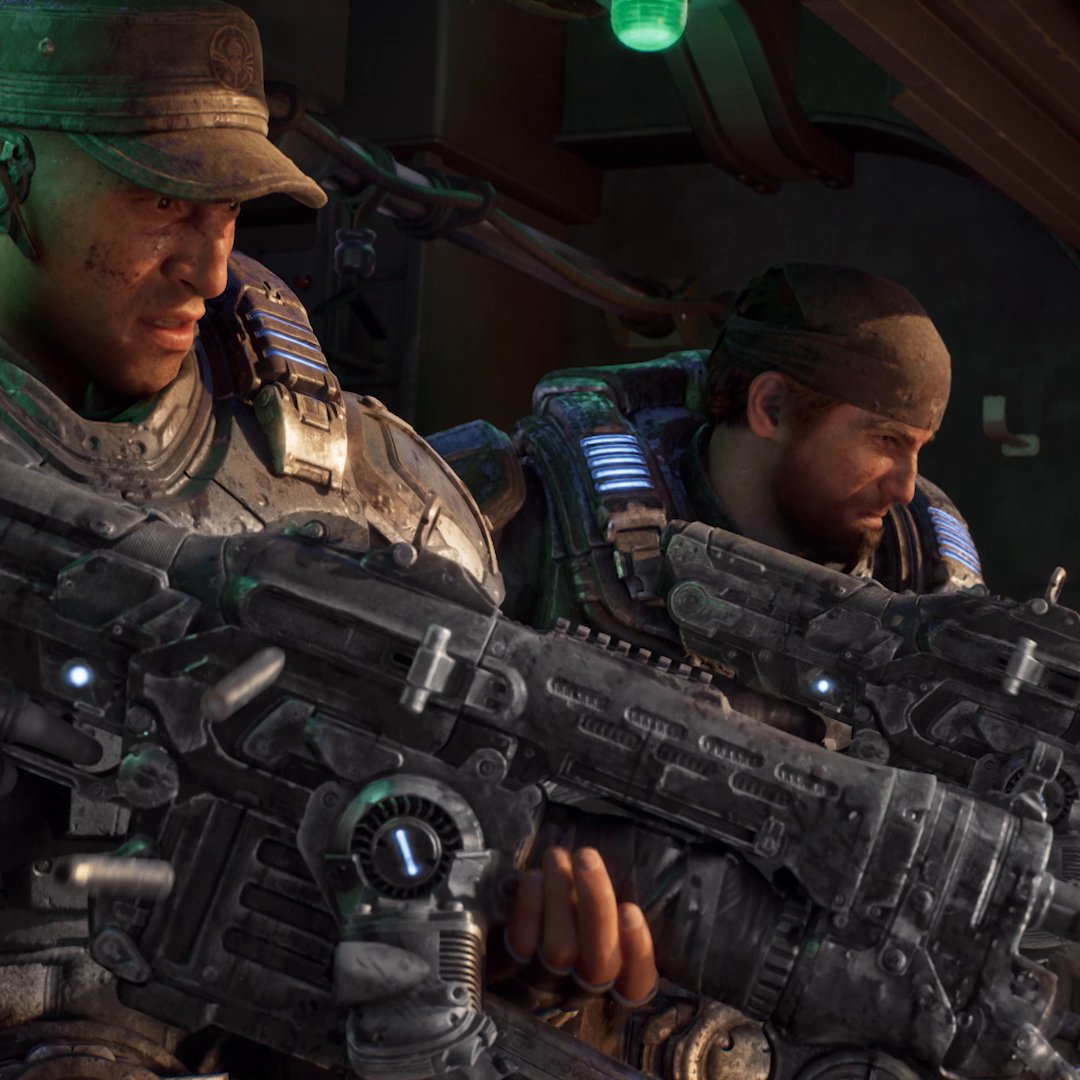Two battle-worn soldiers in heavy armor grip futuristic rifles inside a dimly lit transport, their weathered faces illuminated by glowing blue lights on their gear—capturing the gritty atmosphere of Gears of War: E-Day as promoted by NVIDIA.